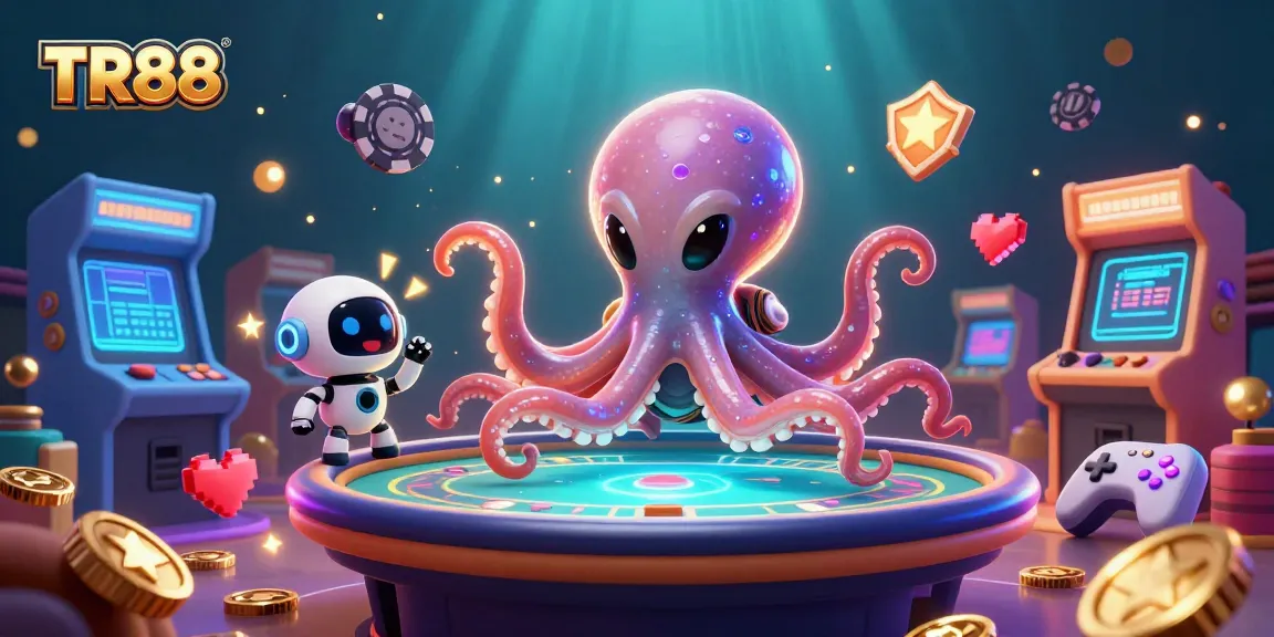 Engage in thrilling gambling with TR88 as a vibrant alien octopus operates a poker table in an energetic cosmic scene.