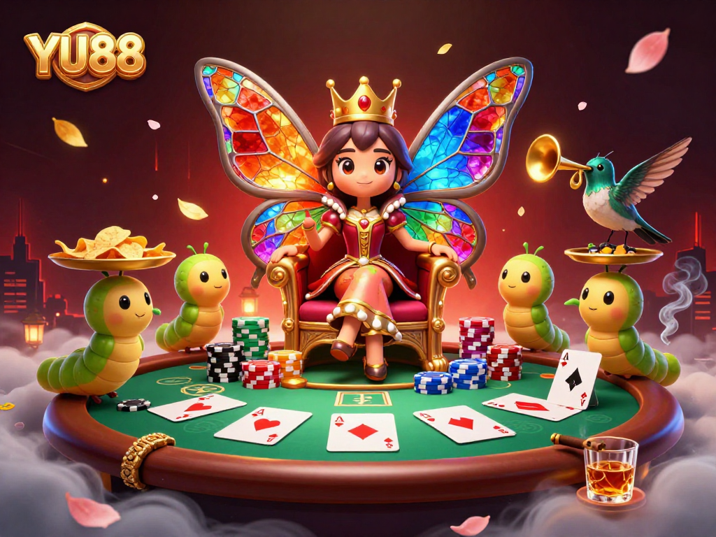 Experience YU88 Casino with a vibrant 3D illustration of a butterfly queen and poker elements cascading in the scene.