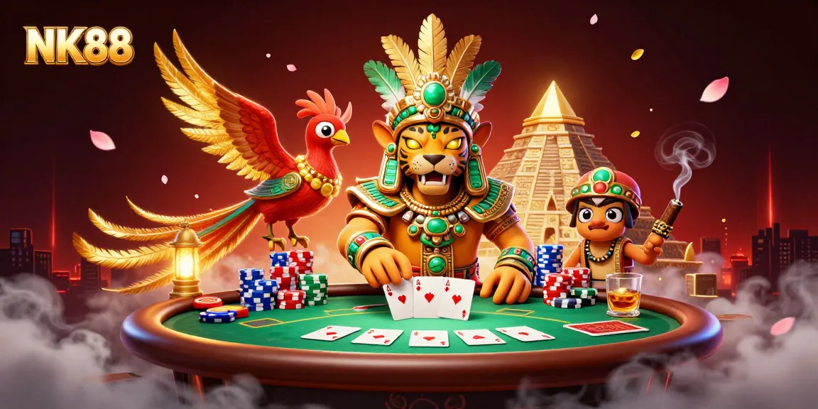 Engage in thrilling gameplay with NK88, featuring a Mayan jaguar priest and vibrant casino elements.