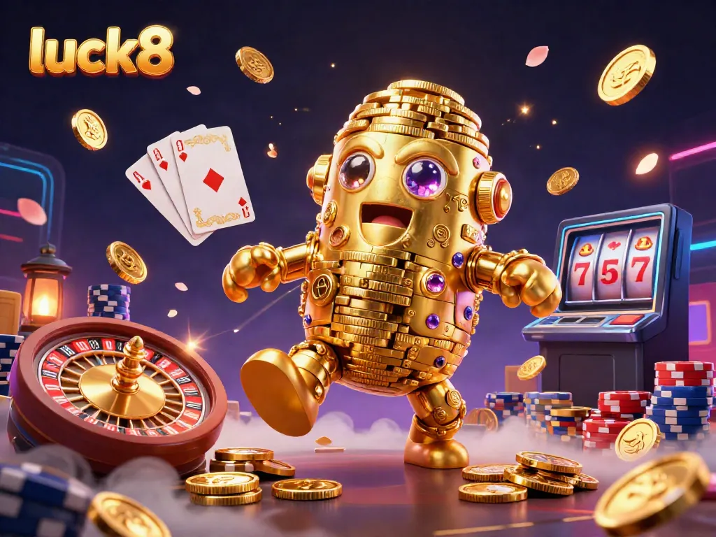 Experience thrilling gameplay with luck8 in this vibrant casino scene showcasing a golden golem surrounded by iconic gaming elements.