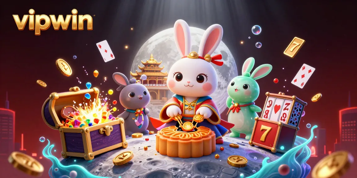 Experience the thrill of vipwin with a stunning 3D illustration featuring a moon rabbit and casino symbols.