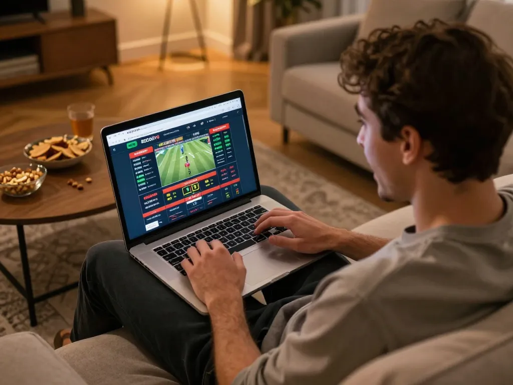 Socolive user intensely analyzing live sports betting with laptop setup at home