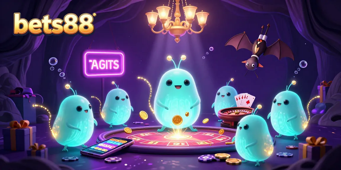 Bets88 brings excitement with glowworms lighting a casino scene; vibrant slot games and lively elements abound.