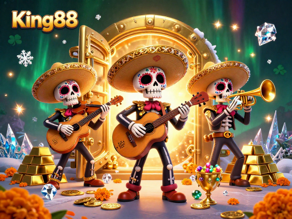 Experience the thrill at King88 with vibrant mariachi band, treasures, and casino elements!