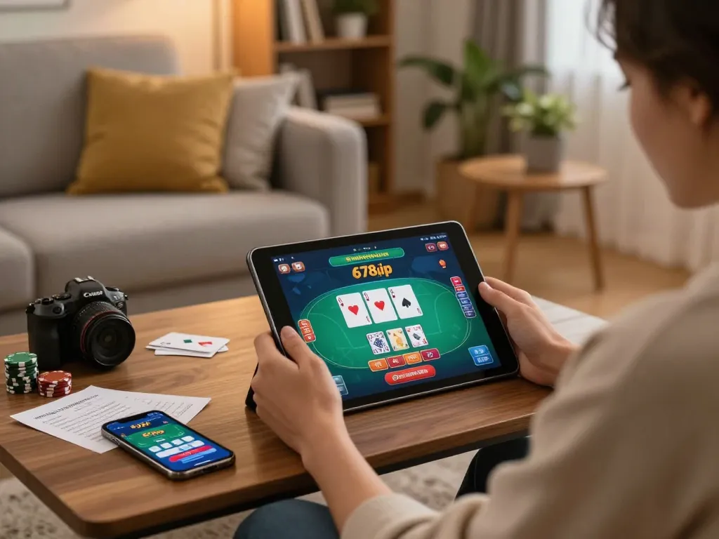 Engaging online poker game experience on 678vip with tablet and cozy home setup
