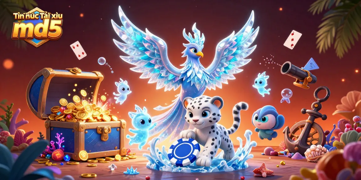 Engage with the vibrant world of Tin tức Tài xỉu md5 featuring a dynamic 3D illustration of gaming elements and characters.