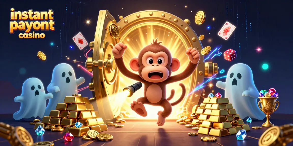 Experience the thrill of an instant payout casino with a lively 3D illustration showcasing playful characters and vivid treasures.