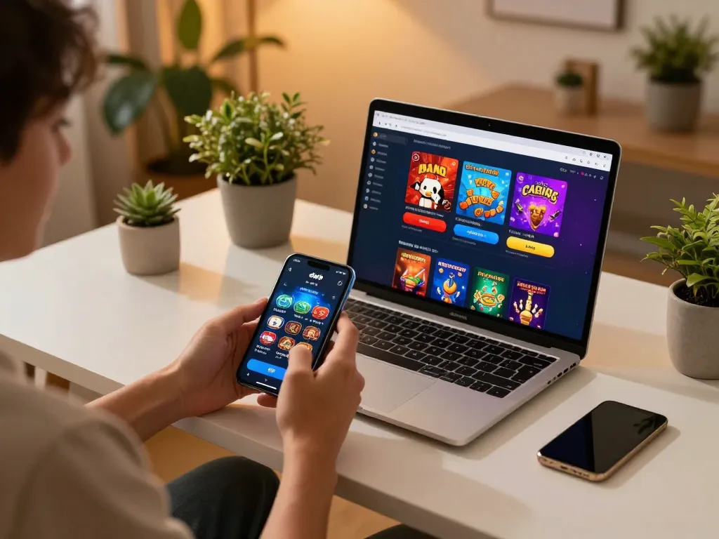 Player interacting with dw8 online casino app on phone, showcasing strategic gameplay in cozy home setup