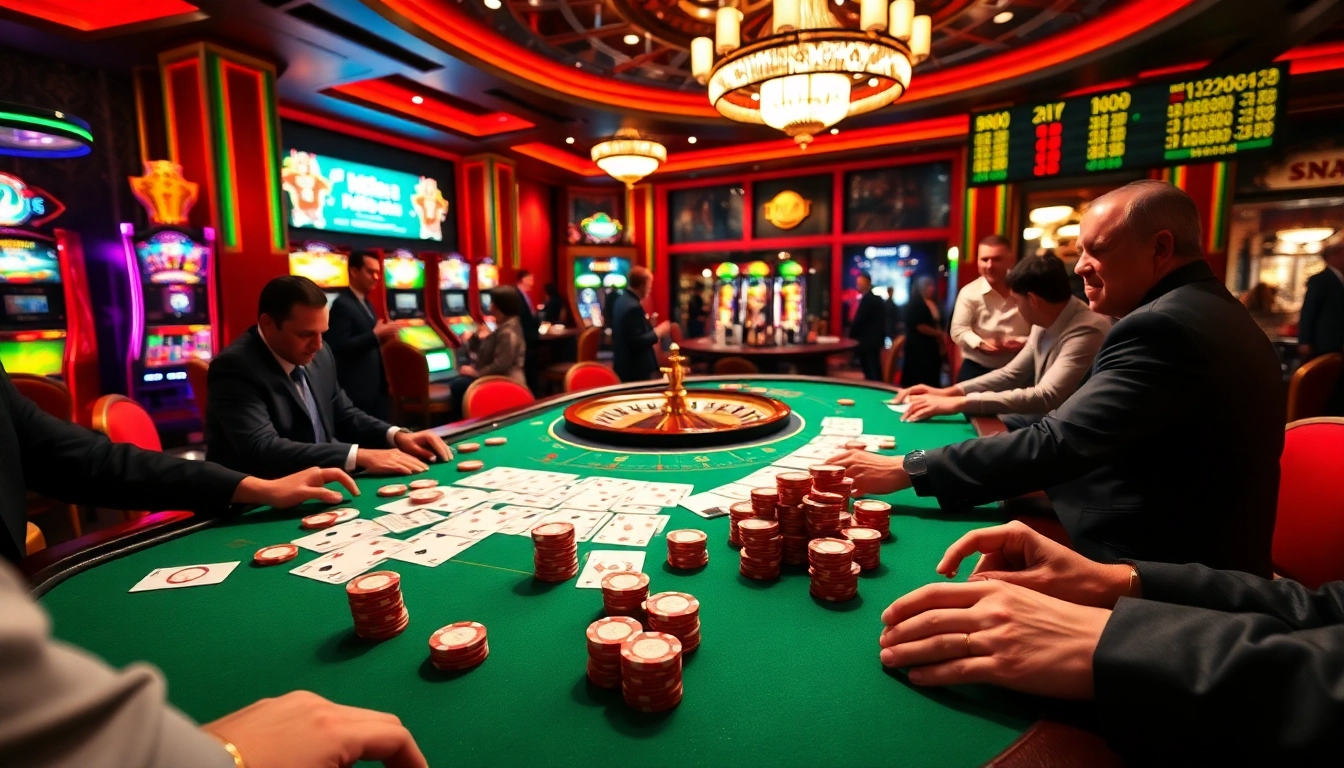 Tỷ số trực tuyến displayed in a luxurious casino setting with vibrant gaming tables and engaged players.