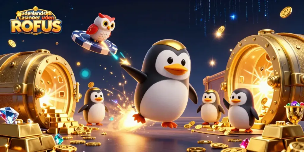 Experience thrilling udenlandske casinoer uden ROFUS with dynamic visuals of a golden penguin and casino treasures.