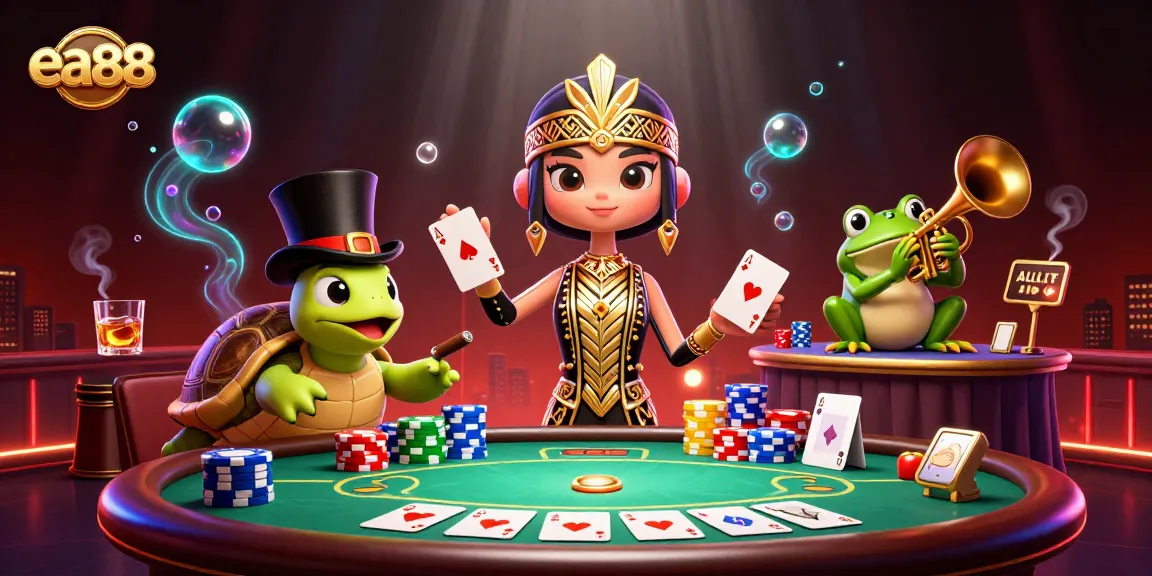 Engage in thrilling gameplay with ea88 at a vibrant speakeasy featuring a crane and top-hat turtle.