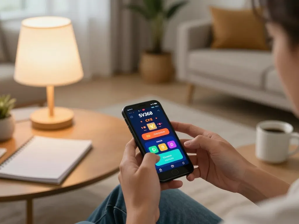 SV368 mobile gaming on a smartphone in a cozy home setting, showcasing betting features