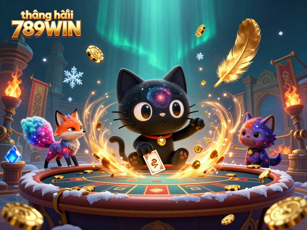 Engaging scene showcasing thương hiệu 789WIN with a cosmic casino cat and vibrant fox surrounded by golden chips and cards.