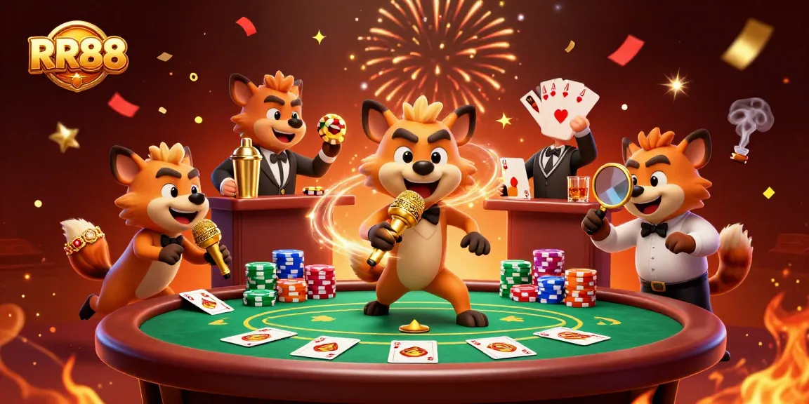 Experience the vibrant atmosphere of RR88's chaotic casino with lively hyenas, dynamic poker elements, and celebratory effects.