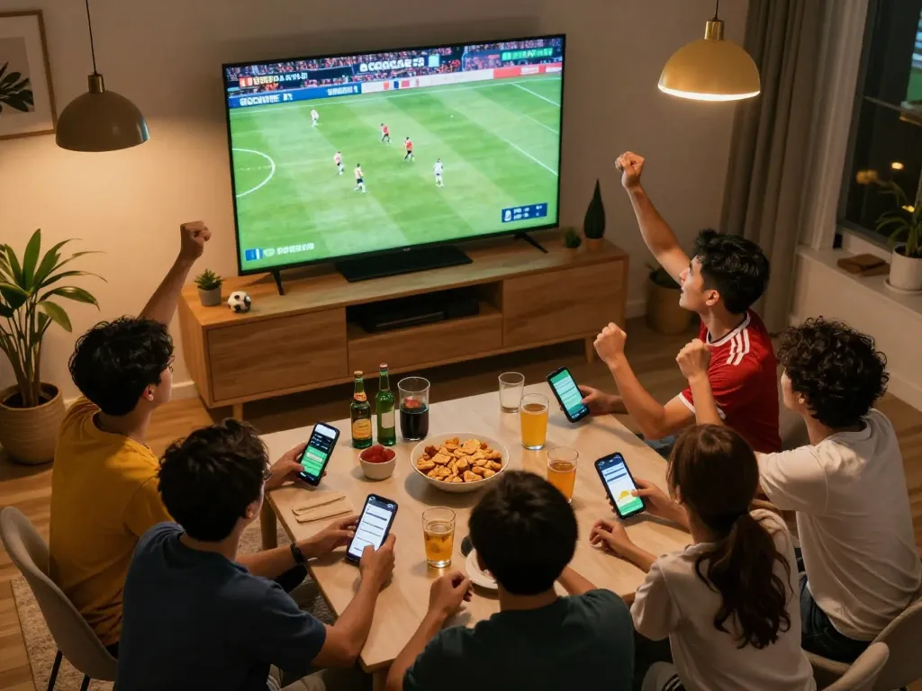 Socolive streaming soccer game, friends celebrating in a cozy home setup with live betting apps.