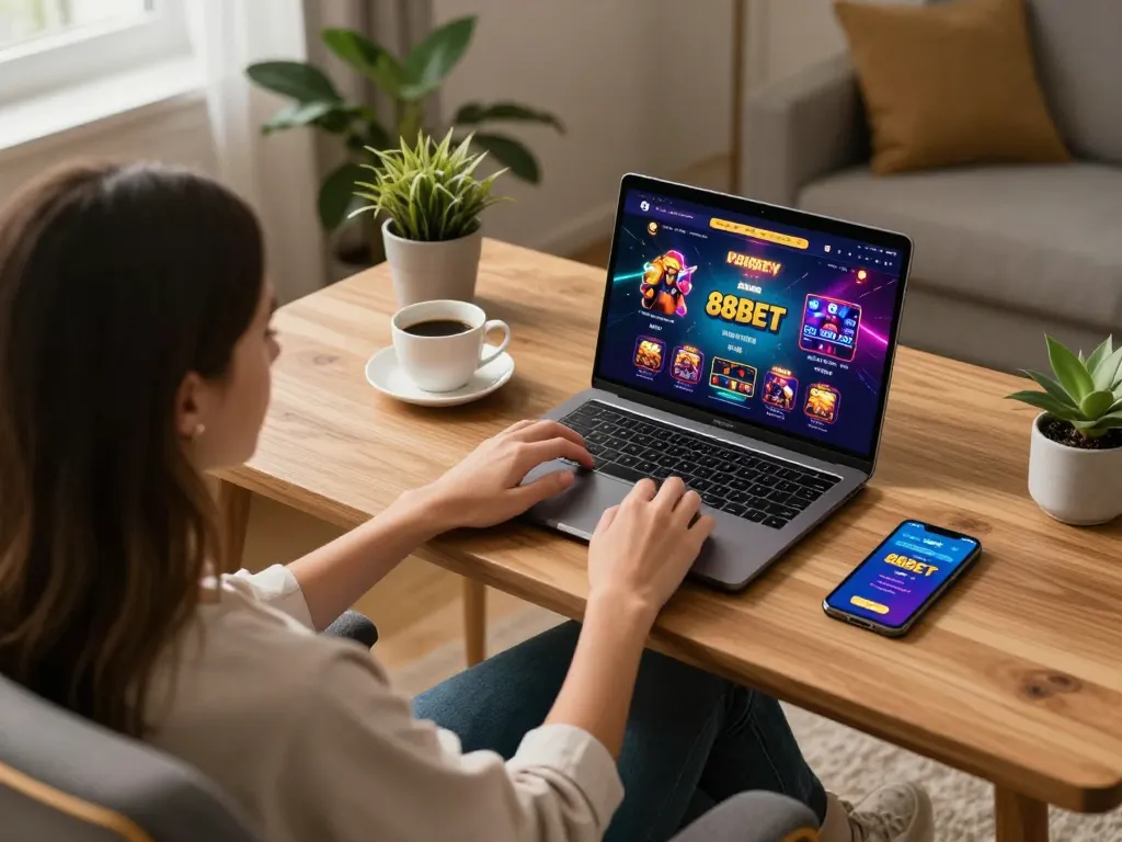 Experience exciting gameplay with 88BET on a sleek laptop in a cozy home setting, showcasing engaging online gambling.
