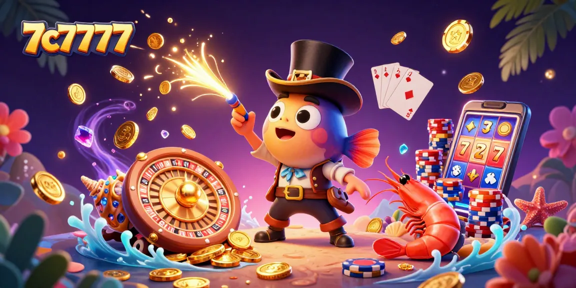 Spin for fortunes with 7c7777 as cartoon anglerfish attracts coins in a vibrant casino world.