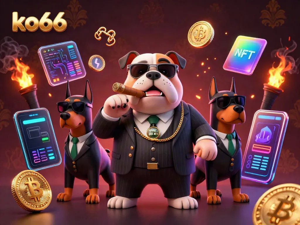Winning at ko66 casino with a mafia boss bulldog surrounded by cryptocurrencies and gaming elements.