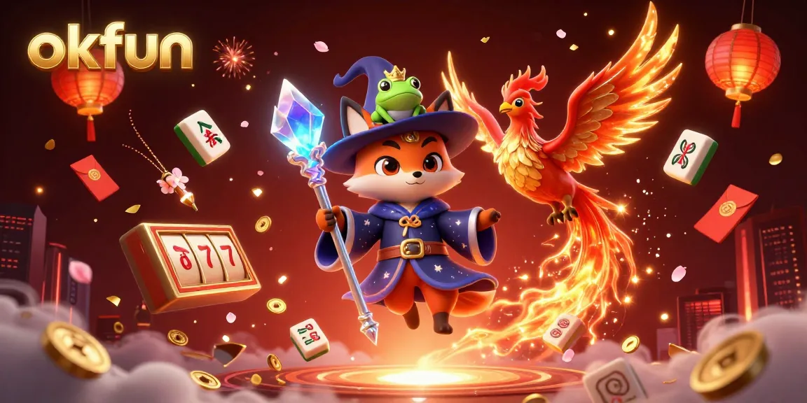 Spin to win with okfun in this magical casino-themed illustration showcasing vibrant characters and game elements.