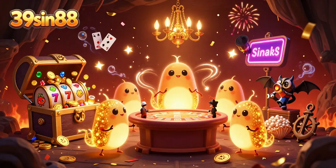 39sin88 illuminates a cave casino with glowing characters and treasure for exciting gameplay.