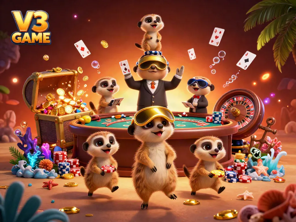 Experience the excitement of V3 GAME as meerkats run a vibrant casino operation surrounded by gaming elements.