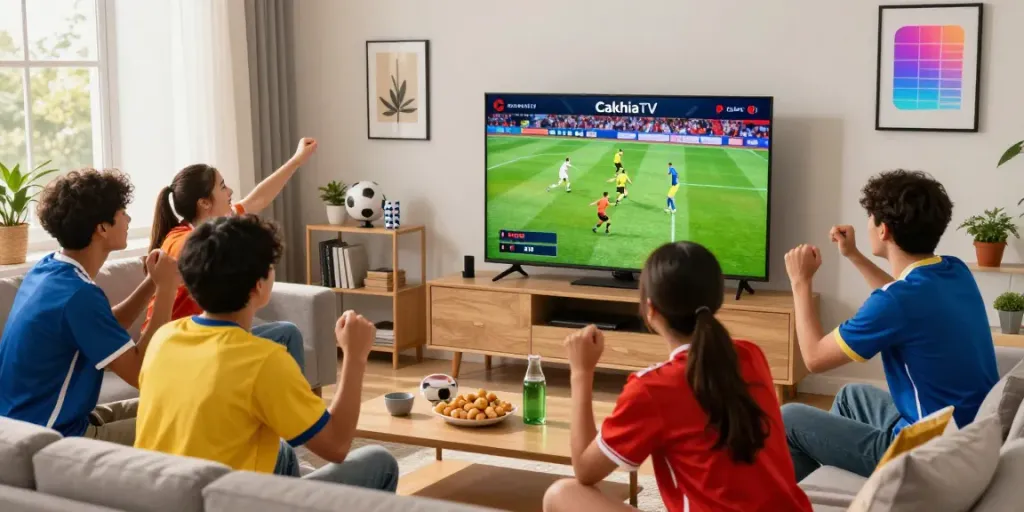 Friends enjoying a live football match while streaming on cakhiatv.team in a vibrant living room.