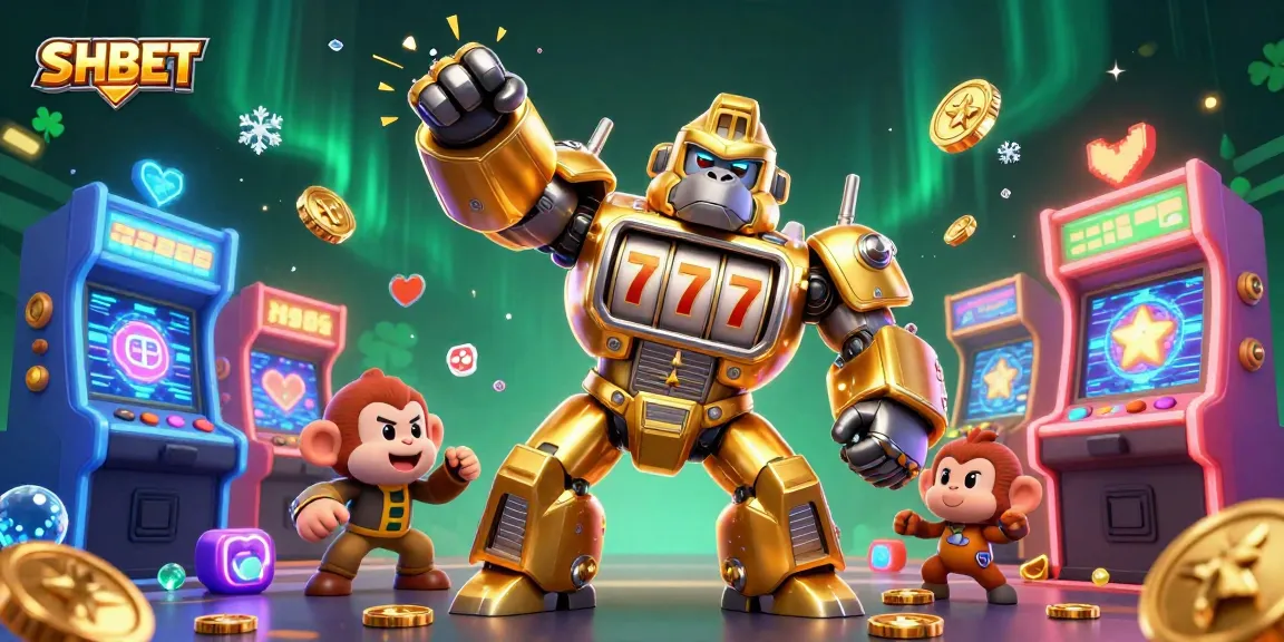 Engage with SHBET's immersive gaming experience featuring a slot machine mech and vibrant arcade elements.