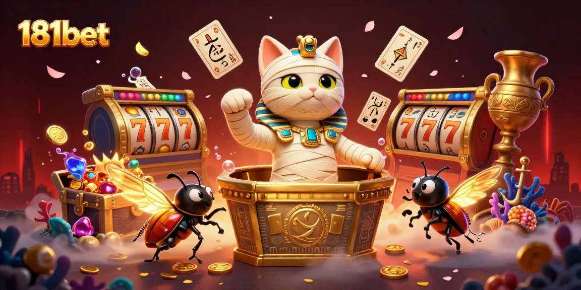 Experience thrills at 181bet with a lively casino scene featuring a cartoon mummy cat and scarab beetle