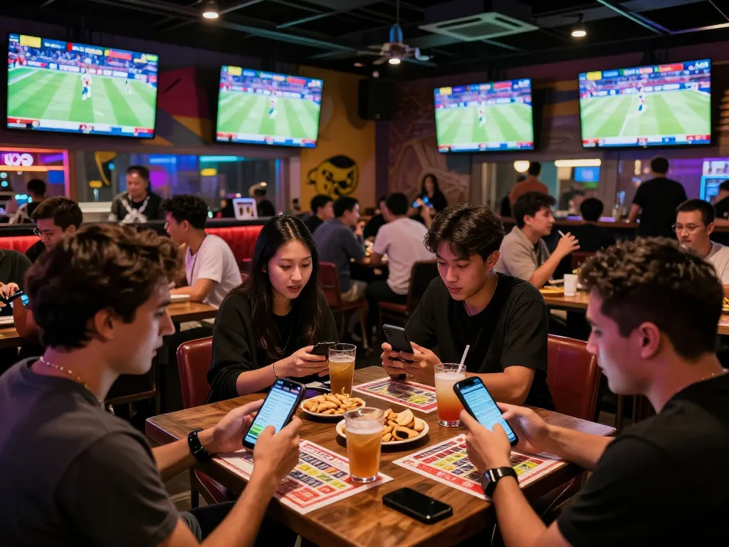 Fun88 sports fans actively betting on mobile devices in a lively sports bar atmosphere