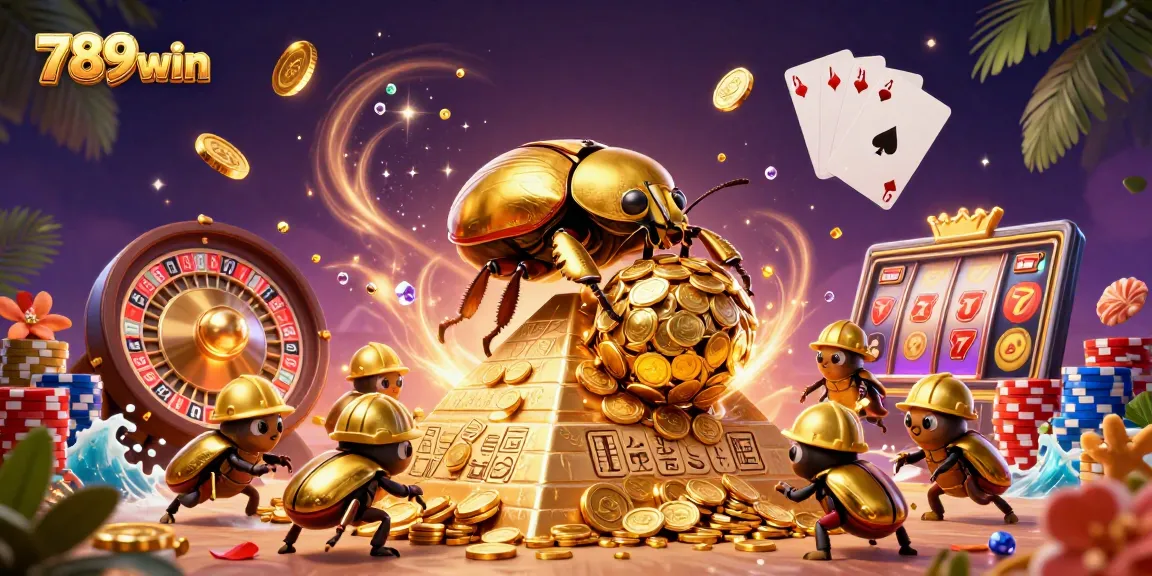 Experience the excitement of 789win with soaring golden coins and a team of cartoon beetles celebrating victory.