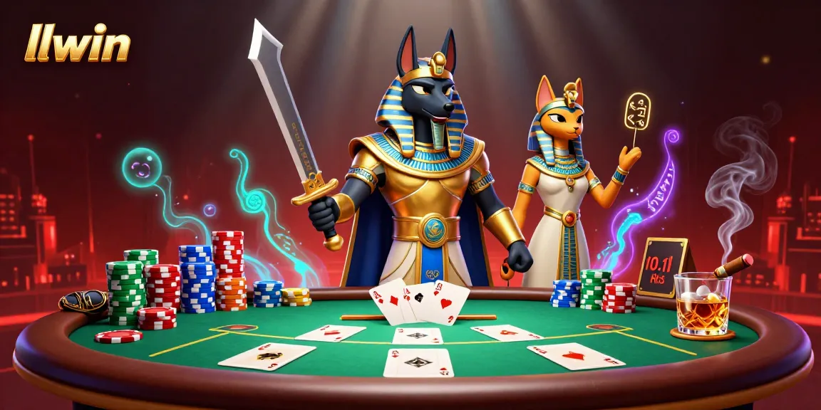 Experience exciting card play with llwin in a vibrant 3D casino scene featuring Anubis and Bastet.