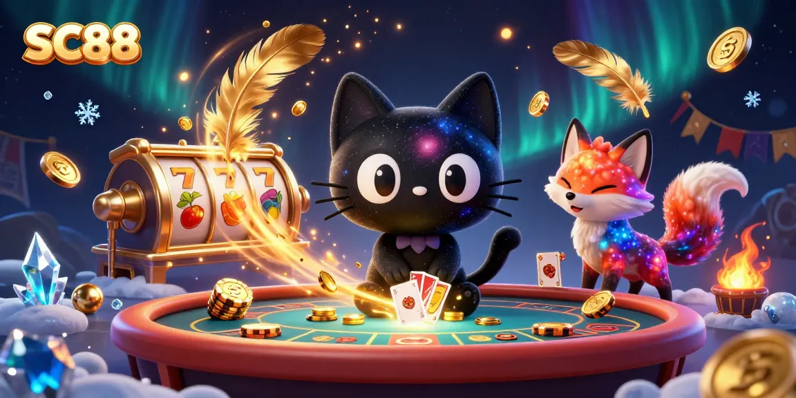 SC88 casino scene featuring a black hole cat and nebula fox amidst dynamic slot elements.