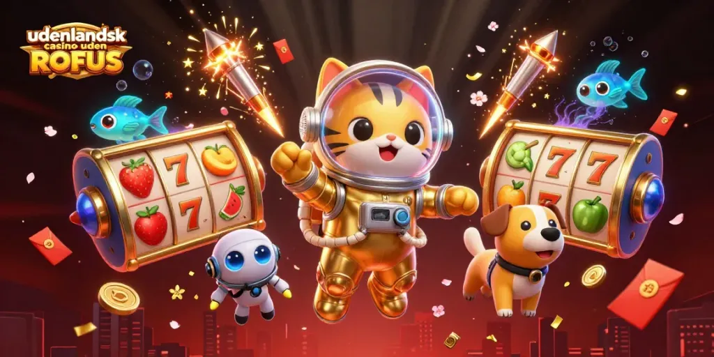 Engage with udenlandsk casino uden ROFUS featuring a cartoon astronaut cat in a cosmic casino scene.