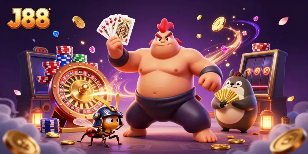 Engage in the thrilling world of J88 with sumo wrestlers and samurai cricket in a dynamic casino scene.
