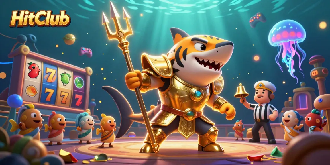 Experience thrilling action at HitClub with a 3D tiger shark gladiator surrounded by vibrant casino game elements.