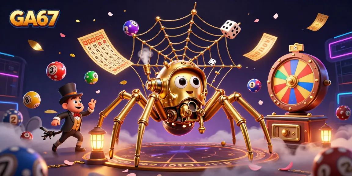 Experience GA67 with vibrant elements like golden chains and colorful lottery balls, showcasing dynamic gambling action.