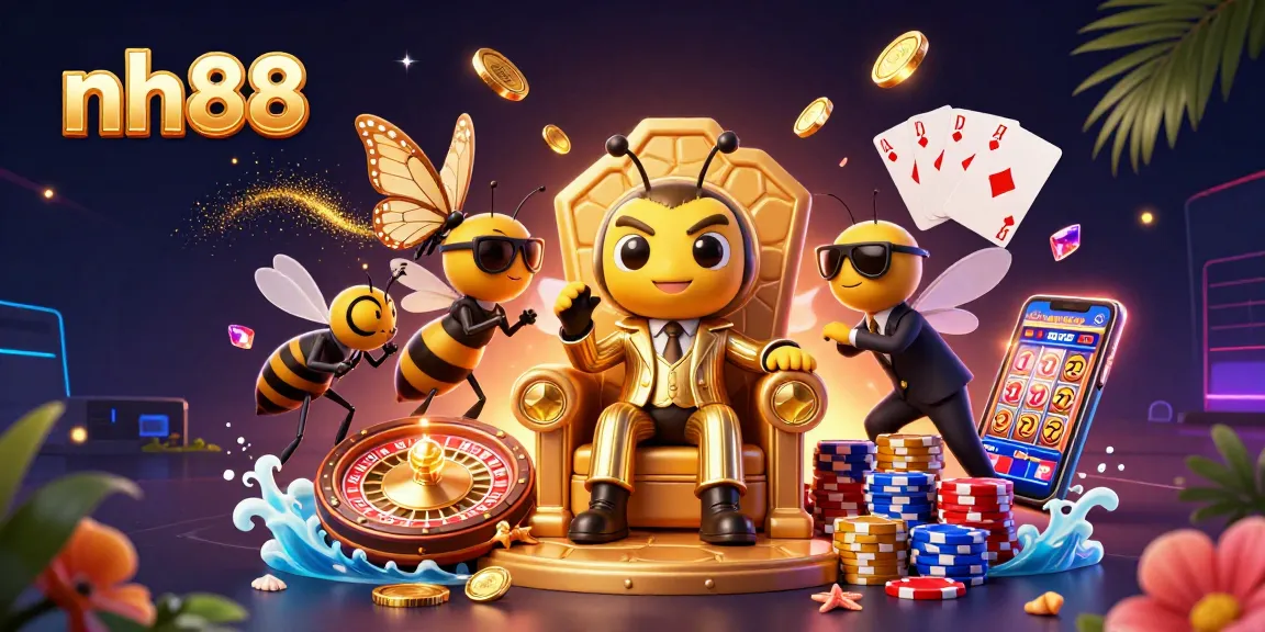 Witness the excitement of nh88 with a buzzing cartoon bumblebee mob boss and casino elements in a vibrant scene.