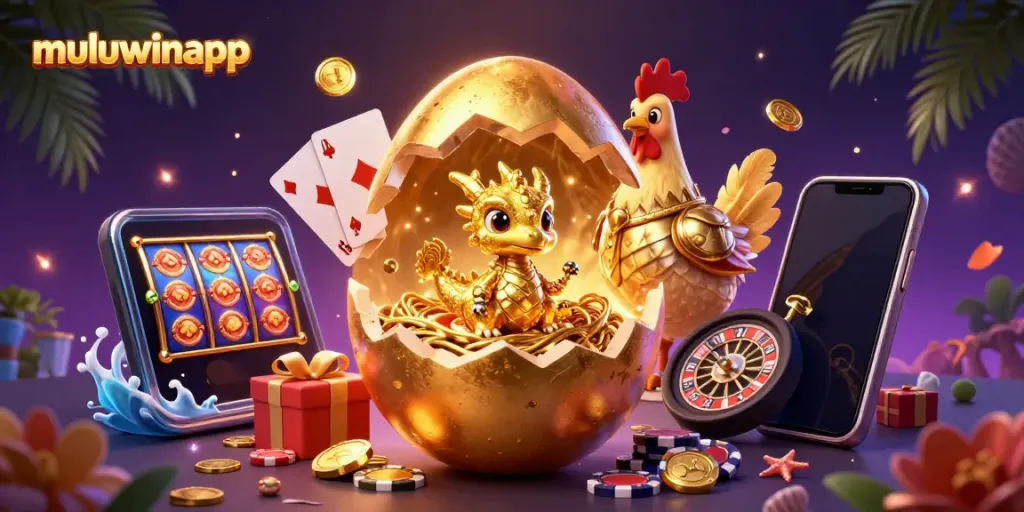 Play exciting games on muluwinapp, showcasing a glittering golden dragon and vibrant casino elements.