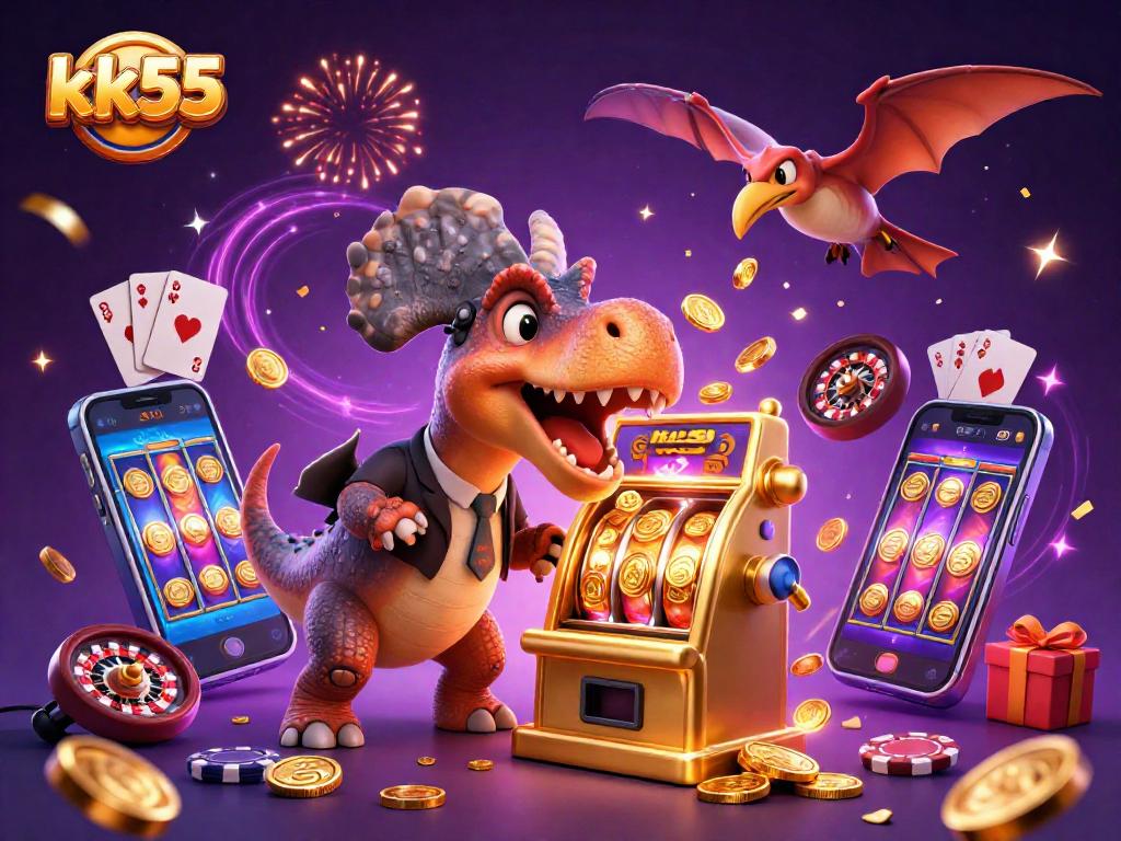 kk55 engages players with a dynamic scene of action at a casino, featuring animated characters and gold coins.