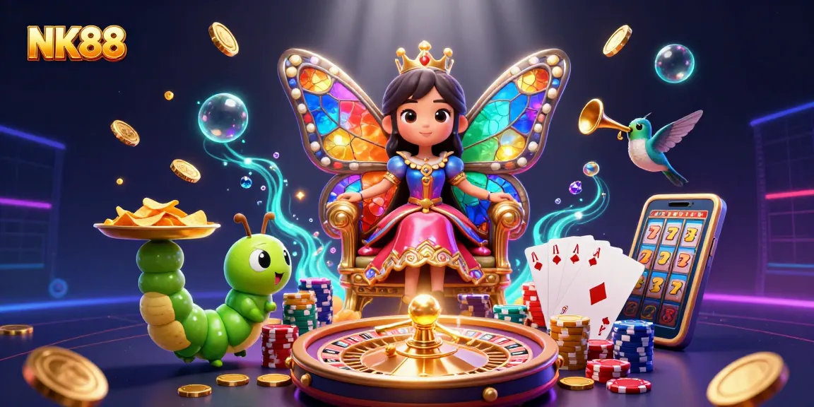 Experience the excitement of NK88 with a vibrant casino scene featuring a butterfly queen and classic game elements.
