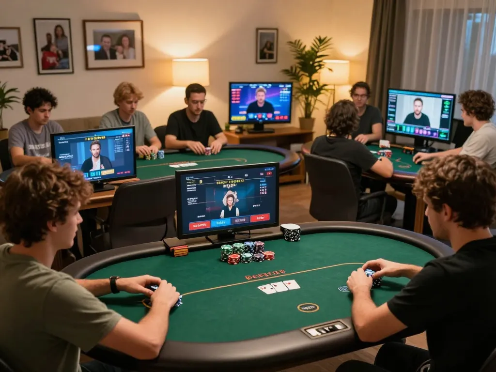 Players at home enjoying online poker on their devices while strategizing their bets, highlighting VA88 gaming experience.