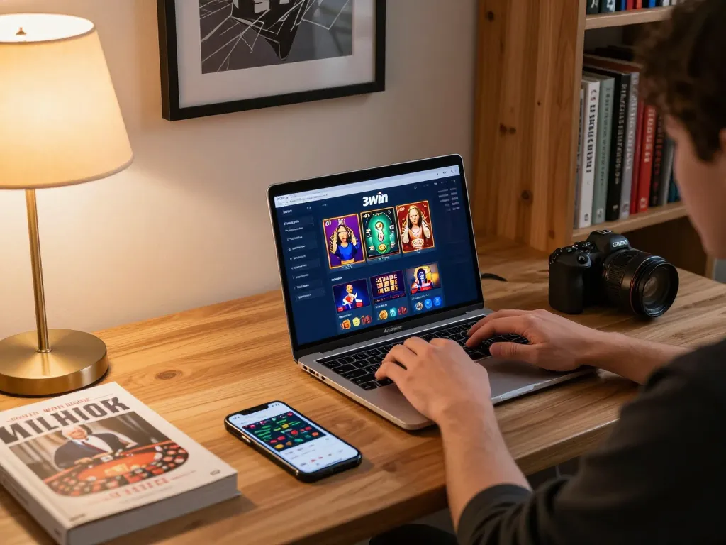 Engaging in online gambling with 3win platform on a laptop in a cozy home setting.