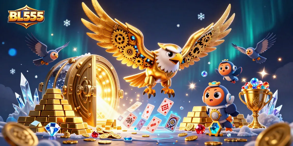 Experience the excitement of BL555 with dynamic golden treasures and a cybernetic eagle navigating a vibrant casino scene.