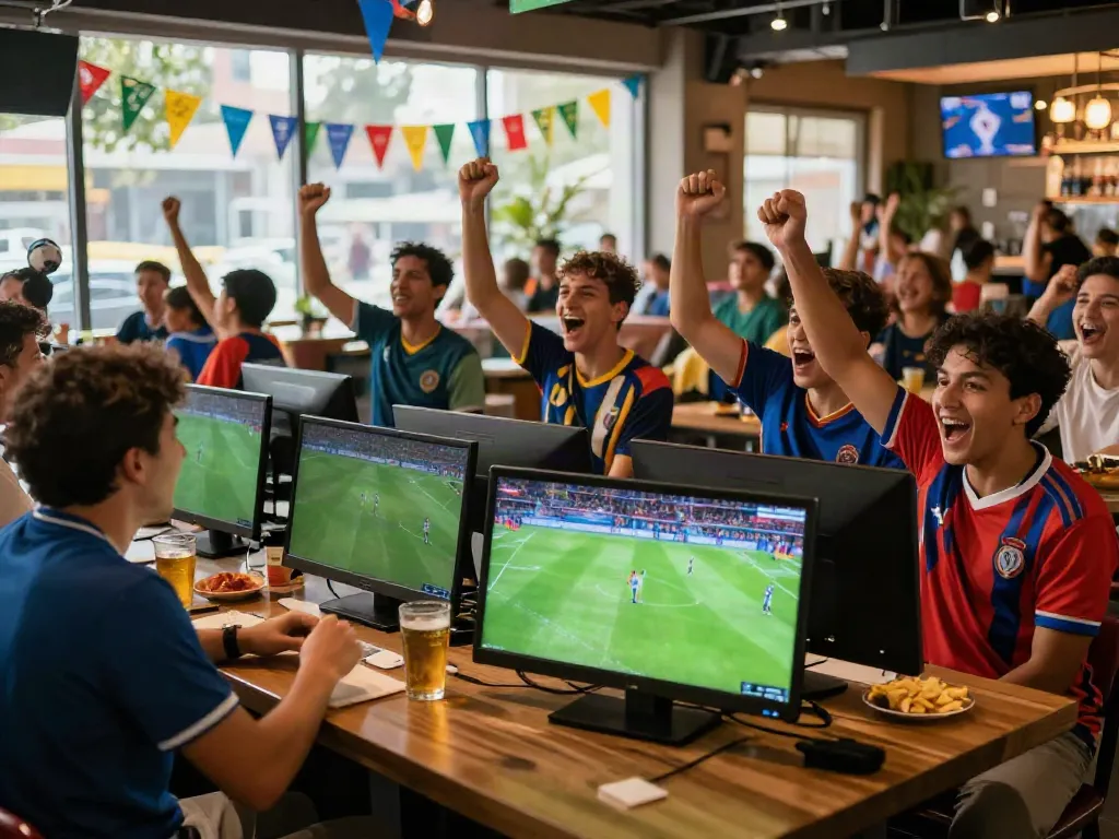 Fans cheering in a lively sports bar watching soccer games at xoilactvx.me.