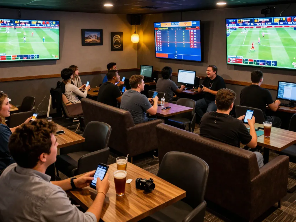 Engaged bettors using kèo nhà cái apps while watching live sports in a vibrant lounge setting.