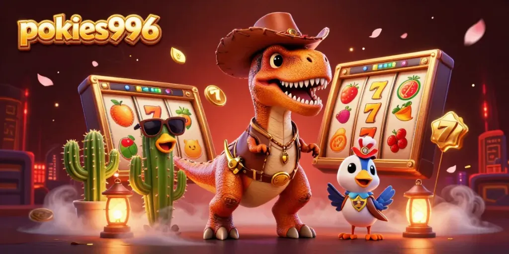 Engage with pokies996 as a lively cartoon scene of a cowboy dinosaur, slot reels, and vibrant gaming elements.