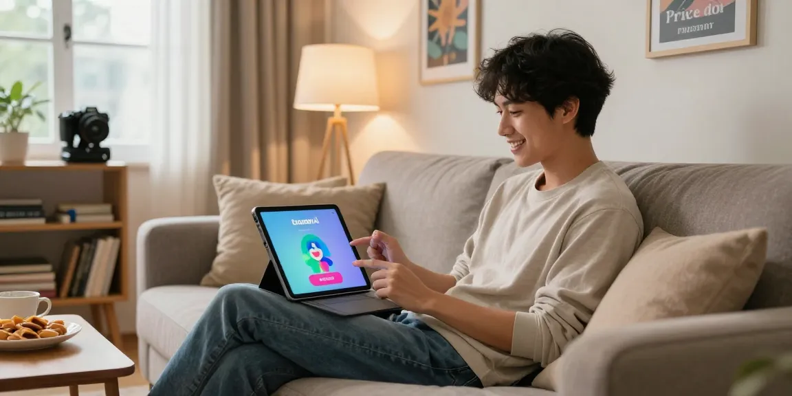 Engaging with Crushon AI character on tablet in cozy living room.