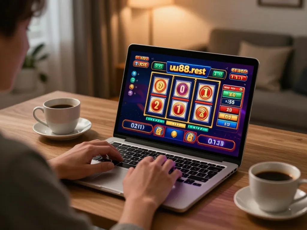 Engaging online casino gaming experience on uu88.rest with vibrant slot machine interface and cozy home setup.