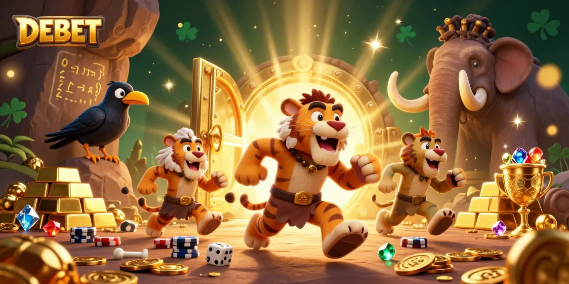 Engage with DEBET's thrilling casino experience featuring a caveman and sabertooth duo with golden treasures.