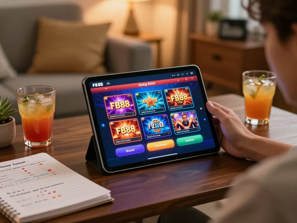 FB88 đăng nhập on a tablet during a cozy home gaming session with betting strategies visible.